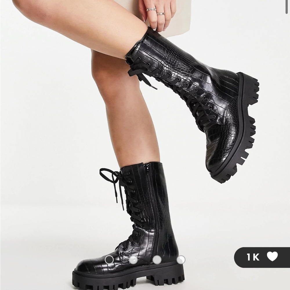 Public Desire Beau lace up biker boots with chunky soles in black croc